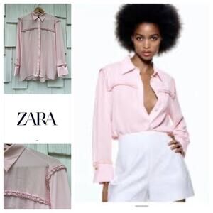 Zara Women's Long Sleeve Pink Collared Textured Combination Shirt, Size M‎ NWT